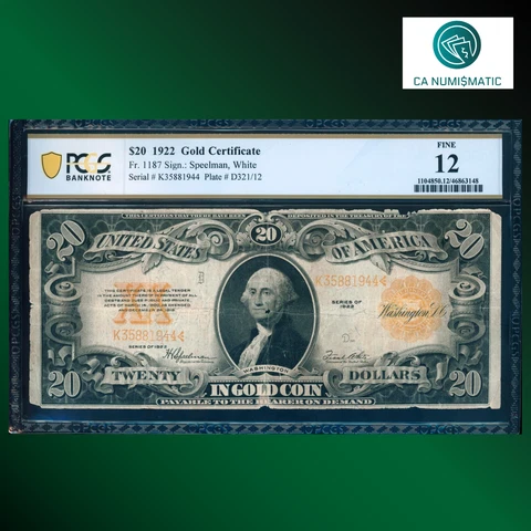 Fr.1187 1922 $20 Dollars Gold Certificate, Gold Seal, PCGS 12 Comment, 81944 Cover