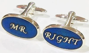 NOVELTY BLUE GREEN MR RIGHT FIANCEE GIFT MENS DRESS CUFF LINKS CUFFLINKS (#1081) - Picture 1 of 1