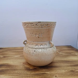Pottery Vase 5” X 4" Heavy Pot Handmade And Signed Stoneware Engraved - Picture 1 of 10