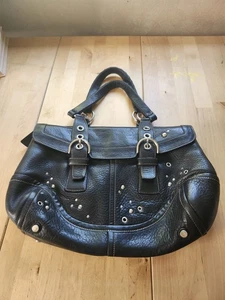 Coach Studded Blk Leather Expandable Flap Biker Bag Purse Satchel AUTHENTIC - Picture 1 of 19