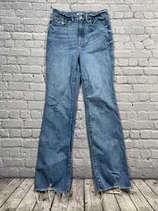 Good American Good Curve Boot Jeans size 12/31 Blue Raw Hem Distressed Cowgirl - Picture 1 of 9