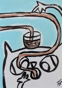 Original ACEO Cat Painting Collectible Coffee Cup Modern Art Samantha McLean - Picture 1 of 1