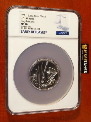 2021 SILVER AIR FORCE MEDAL NGC MS70 EARLY RELEASES LABEL 2.5 OZ - Image 1 of 2