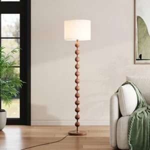 Floor Lamp Wooden Base Standard Free Standing Light Fabric Lampshade LED Bulb UK - Picture 1 of 16
