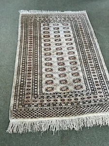 Antique Silk Rug Afghan 200 x130 Beige Carpet Torkman Turkman Hand-Knotted - Picture 1 of 13