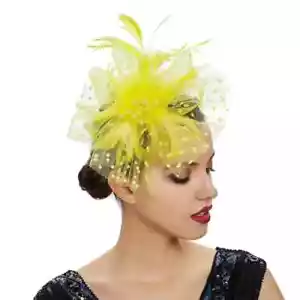 Fascinator Yellow Hat Flower Hair Clip Mesh Ribbons Faux Feather Headband Charm - Picture 1 of 1