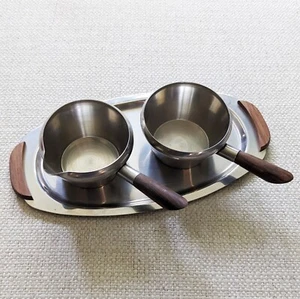 Vintage Lundtofte of Denmark Edelstahl Rosenholz Sauce Brandy Ausgießer + Tablett Set - Bild 1 von 5