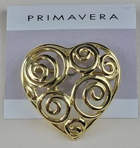 Decorative Shiny Gold Tone Openwork Scrollwork Heart Brooch Pin 1 7/8" - Picture 1 of 6