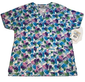 Crest Hearts & Plaid PASTEL PRINT SCRUB TOP SIZE Small New Blue Multi color - Picture 1 of 15