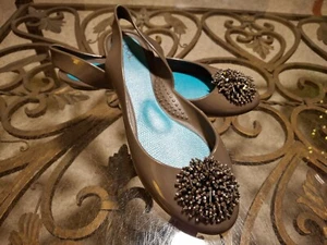 Oka B Ballet Jelly Flats Womens 9 Jeweled Shiny Gray Heel Strap Turquoise Insole - Picture 1 of 7