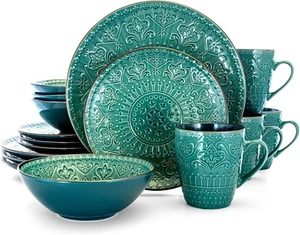 Elama 16 Piece round Stoneware Embossed Dinnerware Dish Set, , Ocean Teal and Gr - Picture 1 of 9