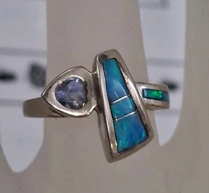 Vintage Estate 14k White Gold Turquoise Ring 7.5 Size Branded Signed - Picture 1 of 6