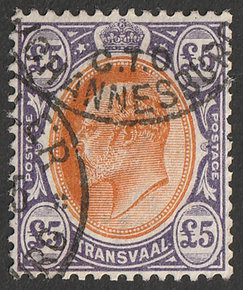 TRANSVAAL 1903 KEVII £5 naranja-marrón y violeta. SG 259 cat 1100€. Raro. Foto 1 de 1