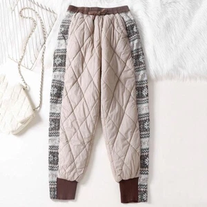 Lady Padded Quilted Pants Trousers Tapered Splice Printed Drawstring Warm Winter - Picture 1 of 15