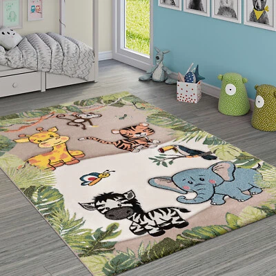 Kinderteppich Kinderzimmer Dschungel Tiere Giraffe Löwe Affe Zebra Beige Creme - Bild 1 von 4