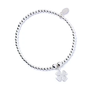 Sterling Silver Ball Bead Bracelet with Four Leaf Lucky Clover Charm - Picture 1 of 5