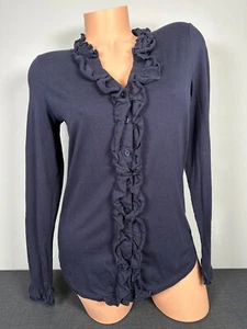 Boden 4R Top Women Shirt Long Sleeve Navy Blue Button Ruffle V-Neck Cotton Blend - Picture 1 of 11