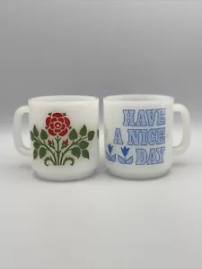 Lot of 2 Vintage 1970’s Glasbake Milk Glass Mugs, Red Rose, Have A Nice Day - Picture 1 of 12