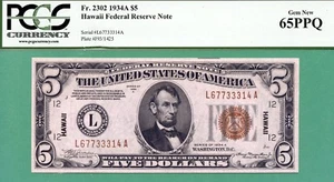 HAWAII 1934A $5 FRN - PCGS GEM 65 with PPQ - Fr 2302 LA block - 1934 A HAWAII - Picture 1 of 2