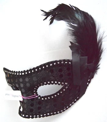NEW Black Sequin Feather Masquerade Face Half Mask Eye Prom Gothic Halloween UK - Image 1 of 2