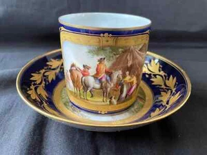 Antique French SEVRES Coffee Cup & Saucer Hand Painted Watteau Scene - Picture 1 of 11