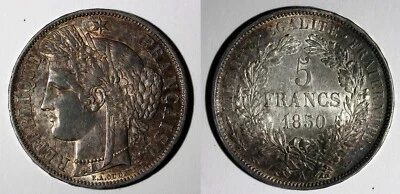 France Silver 1850 A 5 Francs Paris Mint aUNC Nice Toned 37mm KM# 761.1 (868) - Image 1 of 3