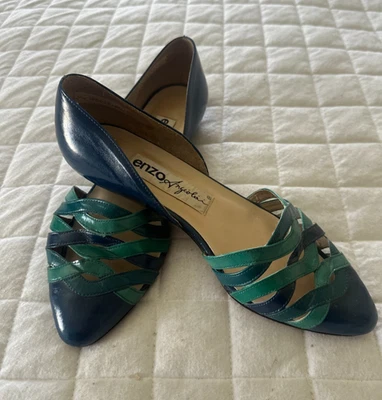 Enzo Angiolini Pisos Mujer 7 Azul Verde Cuero Punta Retro Años 80 Preppy Foto 1 de 4