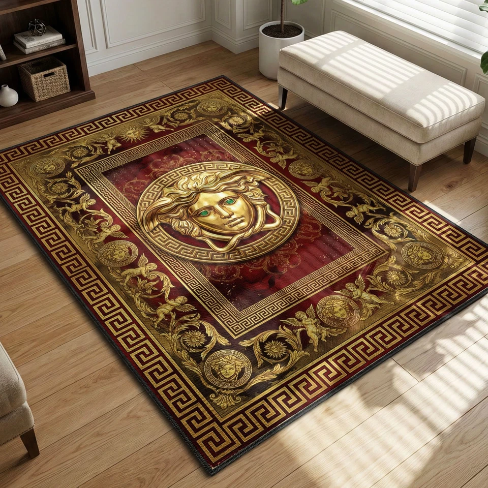 Alfombra Medusa estilo Versace roja y dorada, alfombra llave griega, alfombrilla barroca Foto 1 de 4