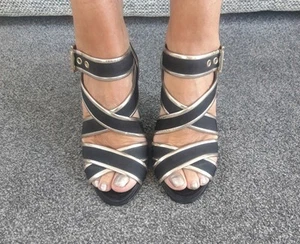 Zara Ladies Stiletto Strappy Sandals Size 6 Black Silver Buckle Fastening Used - Picture 1 of 8