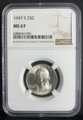 1947 "S" Washington SILVER Quarter 25c NGC MS67 Gem BU Unc. Lower Mintage - Image 1 of 4