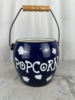 Vintage Popcorn big bowl Bucket Blue Enamel Wood Handle - Image 1 of 4