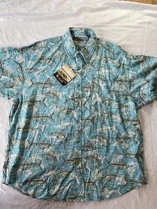 COLUMBIA Swordfish Shirt Fishing Aqua Blue Hawaiian Camp Rayon S/S sz L NWT New - Picture 1 of 5