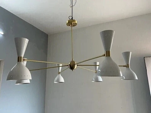 Modern Mid Century Stilnovo Style 6 Arm 12 Light Brass Sputnik Chandelier Light Cover