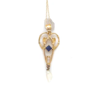 10k Yellow Gold Victorian Lavaliere Pendant with Blue Glass Pearl Drop (#J6438) - Picture 1 of 9