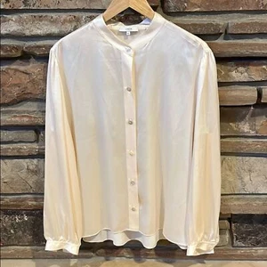 Camisa Vince Relajada Cuello Banda 100% Seda Marfil Abotonada Manga Larga - Imagen 1 de 9