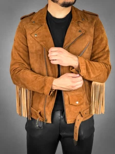 Men Native American Western Cowboy Leather Jacket Suede Coat Fringe Beads -Brown - Picture 1 of 6