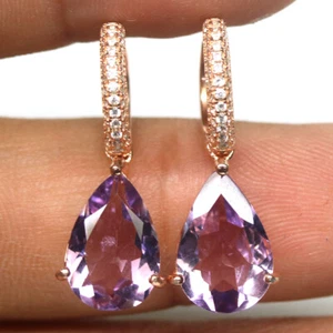Gemstone 9 x 13 mm. Purple Amethyst & Zircon Earrings 925 Silver Rose Gold - Picture 1 of 4