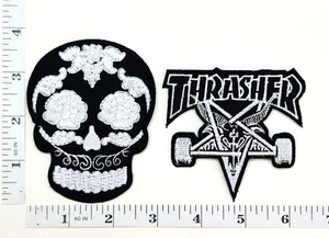 Embroidered 2-Patch Set - Biker - Sugar Skull - Thrasher - Iron-on - Skateboard - Picture 1 of 1