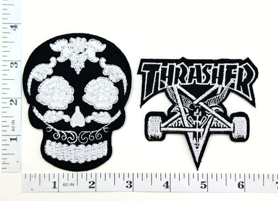 Embroidered 2-Patch Set - Biker - Sugar Skull - Thrasher - Iron-on - Skateboard - Image 1 of 1