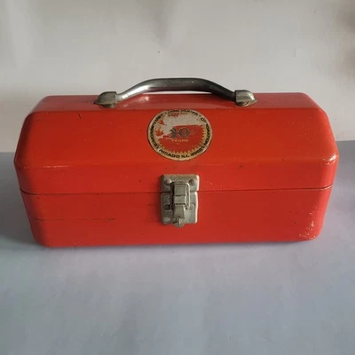 VTG Simonsen Metal Tool Box 13x7x6 Red Rustic Distressed Industrial - Image 1 of 4