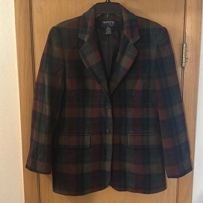 Blazer Country Shop Feminino Xadrez Lã Cashmere Linha Longa Azul Marinho Tamanho 6 - Imagem 1 de 4