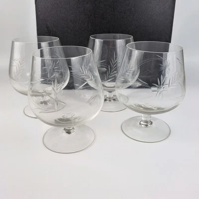 Vintage Set 4 Etched Detail Clear Sniffer Brandy Glass Balloon Cognac Brandy - Image 1 of 4