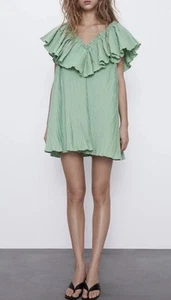 BNWT ZARA Green Pleated Voluminous Ruffle Short Mini Dress Size LARGE NWT - Bild 1 von 12