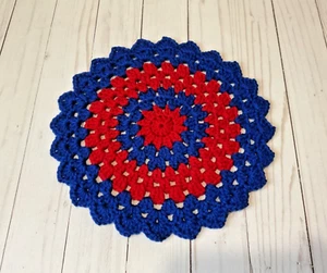 Crochet Granny Square Round-Table Top Placemat-Handmade-Red and Blue - Picture 1 of 2
