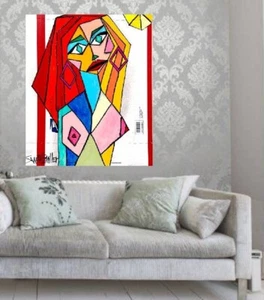 colorful PICASSO LADY NUDE Upcycled CB 22 X 18 PAINTING SWARTZMILLER DNA signed - Picture 1 of 24