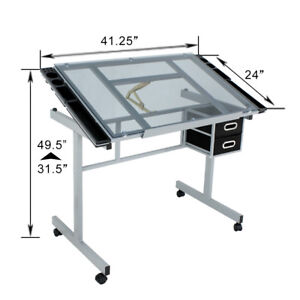 Adjustable Rolling Drawing Drafting Table Tempered Glass Art Craft Work Station