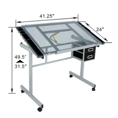 Adjustable Drawing Desk Drafting Table Tempered Glass Top Art Craft Drawers - Image 1 of 4