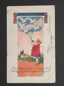 Easter Greetings Happy Birds in Skies So Blue Little Girl Vtg Postcard c1910s - Picture 1 of 5