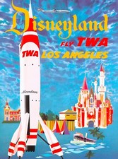 Anaheim Disneyland TWA Tomorrowland Rocket Vintage Travel Advertisement Poster 