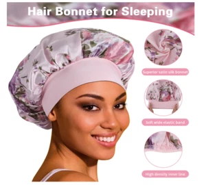 3PK Satin Bonnet Silk Night Sleep Cap Hair Head Covers, Wide Elastic Band Colors - Picture 1 of 12